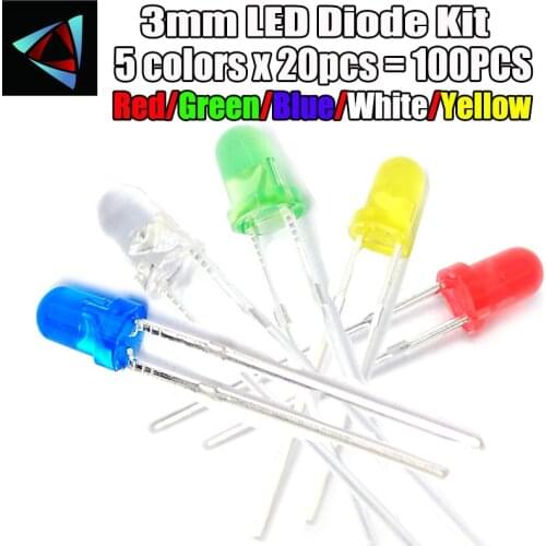 5Colors*20PCS=100PCS / 1Color=100pcs F3 3mm LED Diode Light Assorted Kit Green Blue White Yellow Red COMPONENT DIY kit