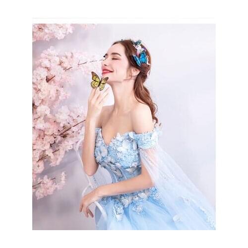 100%real light blue butterfly embroidery ball gown Medieval Renaissance Gown queen cosplay Victoria dress Marie Antoinette/Belle