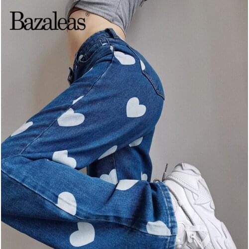 Bazaleas 2022 White Lover Print Vintage Joggers Pant Fashion Light Blue Pockets Woman Pants