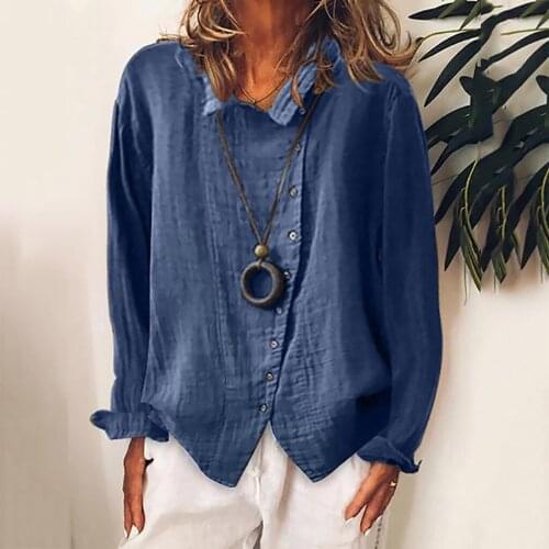 Fashion Women Cotton Linen Casual Solid Colors Turn down Collar Buttons Long Sleeves Shirt Soft Loose Blouse Tops Plus Size#35