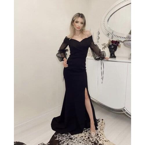 Black Evening Dress Mermaid Off Shoulder V-Neck Full Sleeve Floor Length Sweep Train Elegant Women Formal Party Prom Gown New