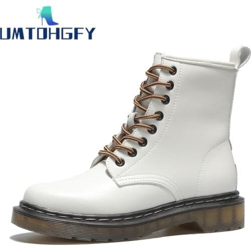 REVT Spring Autumn Womens Flat Martin Boots Shoes Genuel Leather Black White Love Heart 8 Eyelet Internal Increase Shoes Casual