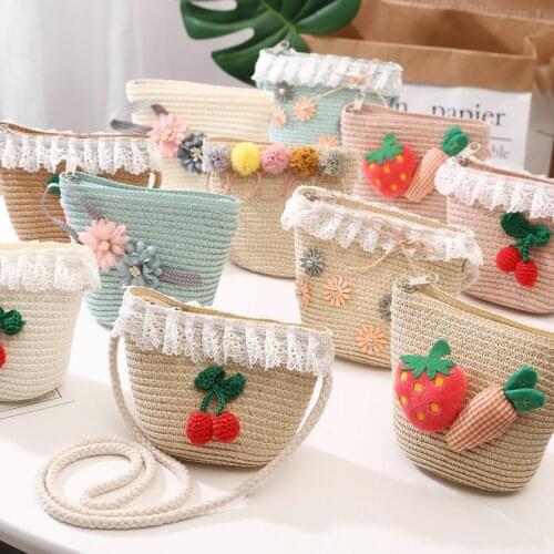 Kids Girls Handbag Big Collection Brim Straw Woven Sun Protection Beach Hat Floral Pompom Ball Summer Floppy Bucket Cap Portable