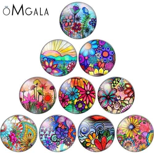Art Colorful Oil Painting Flowers Pattern 10pcs 12mm/18mm/20mm/25mm Round photo glass cabochon demo flat back Making findings