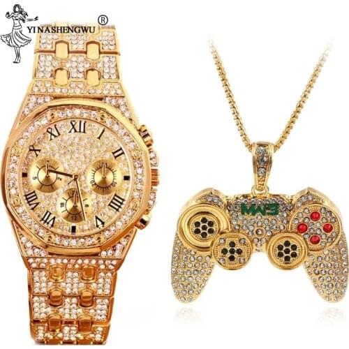 Iced Out Game Controller Handle Pendant Necklace & Watch Set For Women Men Gold CZ Crystal Rhinestone Man Jewelry Necklaces Gift