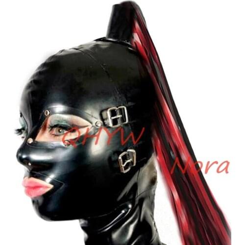 Handmade Latex Hoods with Tress Customized Fetish Heroine Mask Hood Headgear with Eys Cover&mouth Cover Gags Cosplay Costume