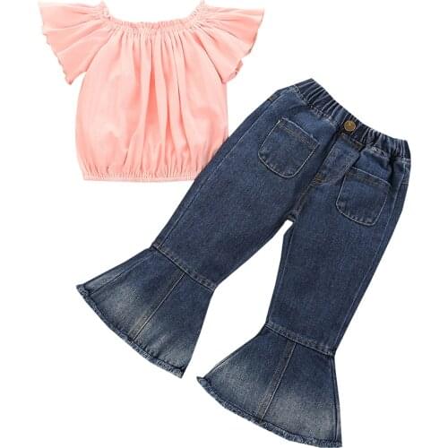 Toddler Baby Girl Summer Outfits Short Sleeve T-Shirt Top and Flared Bell-Bottom Pants Clothing Set Suit