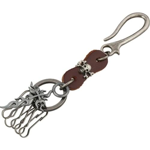 Punk Rock Skull Metal Keychain HipHop Skeleton Cross Leather Holder Pant Buckle Car Keys Chain Keyring Retro Gothic Accessories