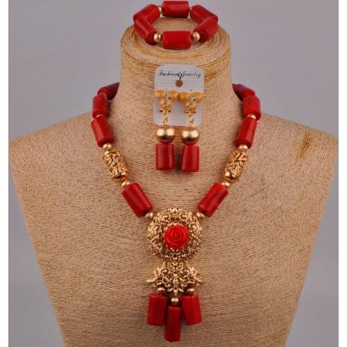 Fashion Nigeria Wedding Jewelry Natural Red Coral Beads Bridal Necklace Set Wedding Dress Accessories Ladies Jewelry AU-218