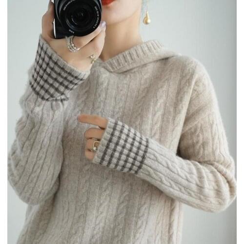 2020 New 100% Pure Cashmere Sweater Womens Hooded Sweater Loose Thick Twist Pullover Autumn and Winter Knitted Sweater Jacket