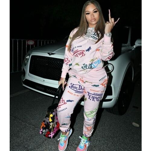 Ueteey New Two-piece Sporty Casual Letter Print Hooded Tracksuit Women Pant Set