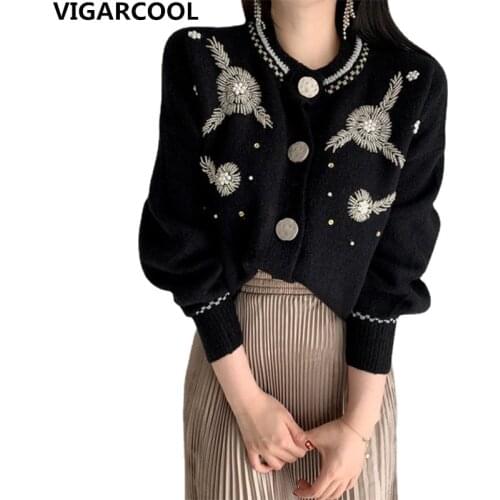 New retro high-quality knitted Cardigan round neck single-breasted heavy embroidery beaded sweater delicate feminine Cardigan