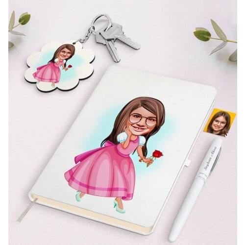 Personalized Female Child Princess Caricature Of White Notebook pen And Keychain Gift Seti-2 Reliable Quality Gift Daily