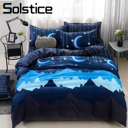 Solstice Home Textile Navy Blue Good Night Moon Brief Kid Boy Teen Girl Bedding Linens Set Duvet Cover Pillowcase Bed Flat Sheet