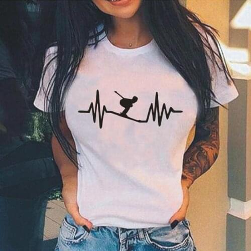 Funny Ski Heartbeat T Shirt Women Tops Skier T-shirts Winter Sports Ski Slope Tee Shirt Femme Go Skiing Casual Camisas De Mujer