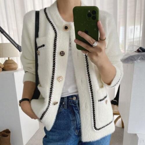 Vintage small fragrance o-neck thick imitation mink velvet jacket women heavy industry single-breasted loose outerwear