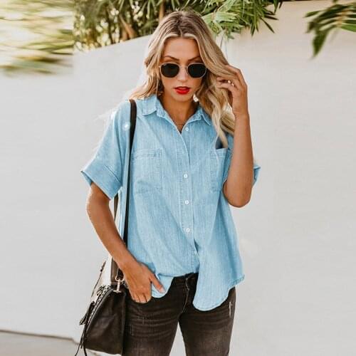 Summer Jeans T-Shirt For Women 2021 Short Sleeve Loose Style Straight Big Size Solid Color Washed Blue Denim Female Blouse C2683