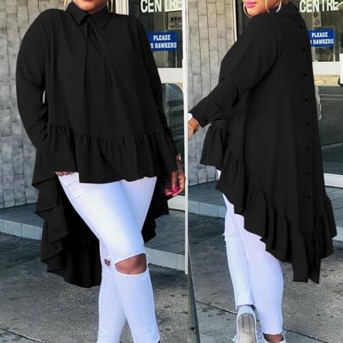 Women Asymmetrical Tops 2021 Fashion Solid Back Buttons Ruffles Shirts Long Sleeve Lapel Casual Blouses Ladies Blusas 5XL