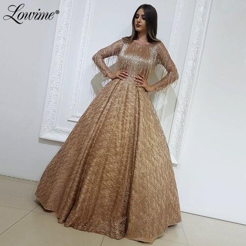 Champagne Reflective Middle East Women Evening Dresses Saudi Arabic Long Sleeves Dubai Kaftans Glitter Prom Gowns Party Dress