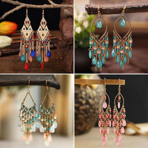 Womens Bohemian Earrings Gold-plated Long Water Drop Tassel Earrings Retro Colorful Geometric Dangle Earrings Jewelry