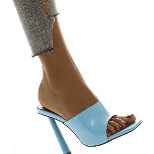 2021 New Fashion Royal Blue PU Leather Women Slippers Summer Square Toe Sandals Stiletto Heels Ladies Mules Slides Shoe big Size