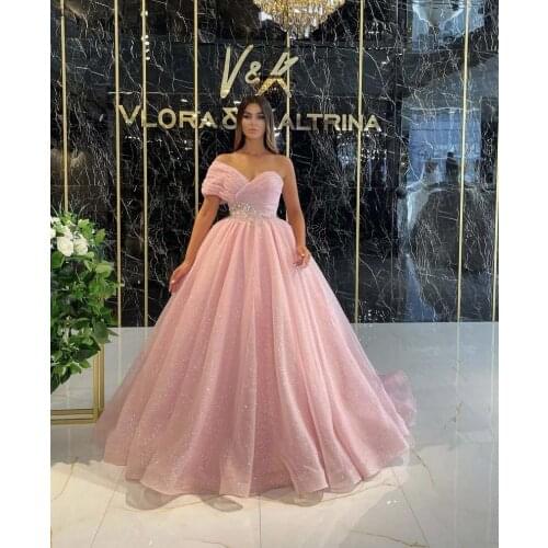 2022 Pink Vestidos De Formature Sweetheart Pleated Beaded Short Sleeve Bling Bling Princess Prom Dresses