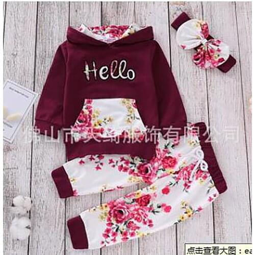 3pcs/Set Infant Newborn Toddler Baby Girl Clothes Hello Floral Print Hooded Hoodie Shirt Sunsuit