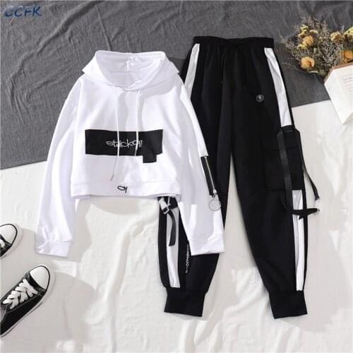 Spring Autumn Female Cargo Pants Sets Egirl Streetwear High Waist Joggers Women 2 Piece Set Long Sleeve Top with Trousers