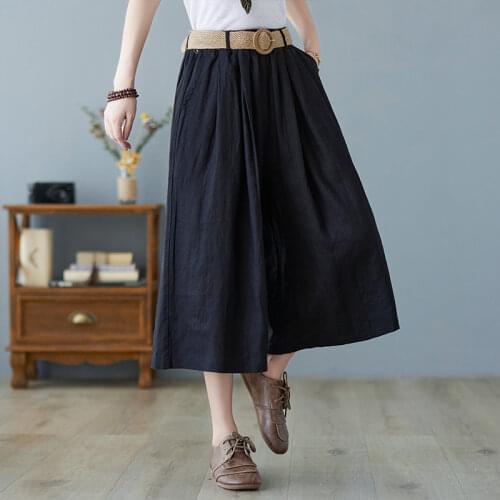 High Waist Wide Leg Pants Culottes 2021 New Arrival Cotton Linen Loose Summer Pants Belt All-match Women Casual Capris Pants