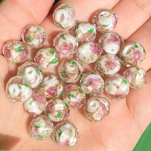10mm Murano Transparent Faceted Rondelle White Pink Green Flower Lampwork Crystal Glass Beads for Jewelry Bracelet DIY Making