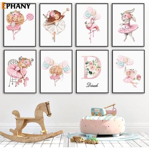 Baby Nursery Custom Name Wall Art Pink Cartoon Ballet Girl Rabbit Canvas Painting Nordic Kid Girl Room Print Poster Picture