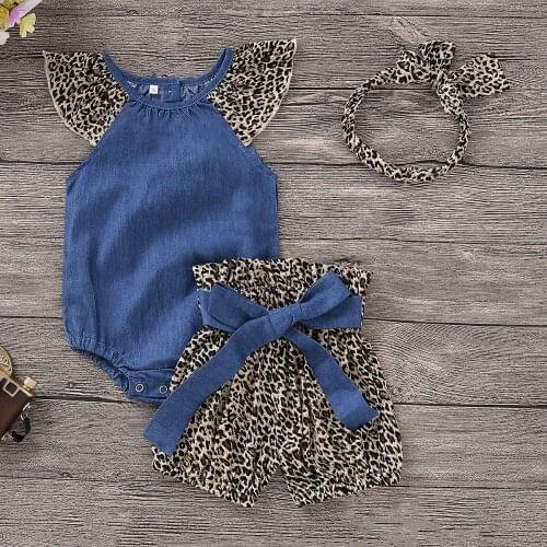 Baby Girls Denim Jumpsuit Romper+Leopard Print Shorts+Headbands Outfits Newborn Girl Clothes 2020 Kids Hot Sale