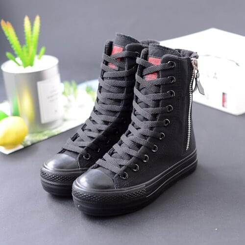 LEOSOXS Canvas Women Sneakers High-Top Female Casual Shoes White Sneakers Ladies Lace-Up Zip Platform Flat Women Vulcanized Shoe