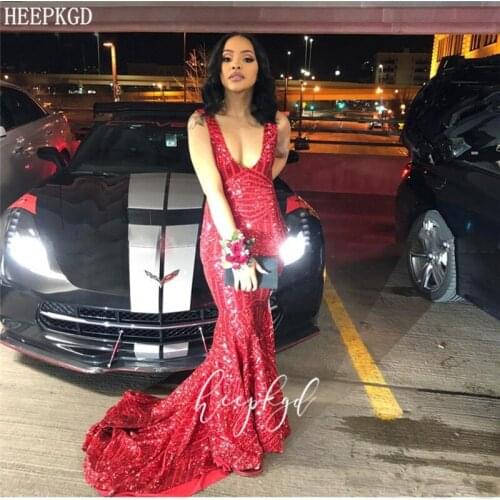 Red Sequins Sparkly Prom Dresses Mermaid Backless Sexy African Wedding Party Dress Plus Size Black Girls Graduation Gowns