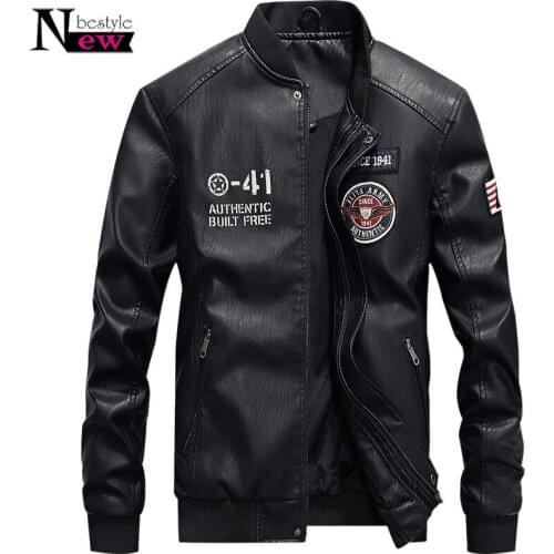 2019 Mens Fleece Leather Jacket Stand Collar Casual PU Pilot Winter Jacket Men Thicken Faux Leather Bomber Jacket Plus Size 2XL