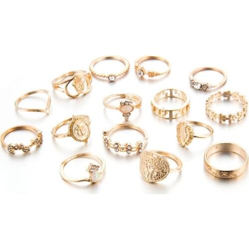 15Pcs Assoeted Golden Religious Coin Cross Crystal Fatima Hand Boho Rings Set