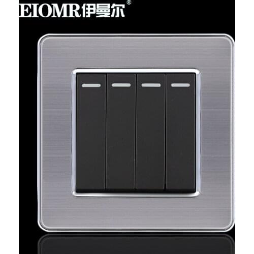 86mm EU Black Stainless Steel Metal Wire Drawing Wall Switch for Household Power Supply 4Gang 1Way Switch 250V 16A