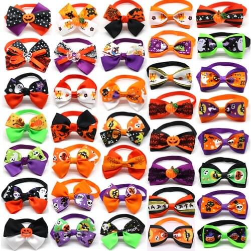 Wholesale 100pcs Halloween Dog Accessories Pumpkin Skull Dog Bow Tie Pet Cat Dog Puppy Bowtie Holiday Party Pet Supplies