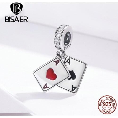 BISAER Poker Love Pendant 925 Sterling Silver Ace in Poker Love Charms Beads fit for Bracelets Necklaces DIY Jewelry ECC1172