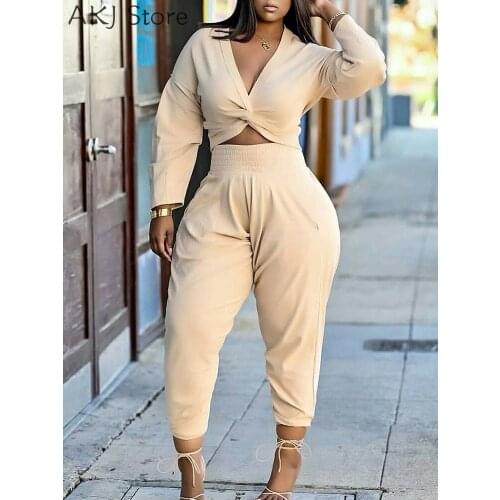 Casual Two Piece Set Outfits Women Sexy Crop Top & High Waist Pants Set