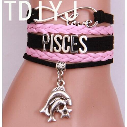 TDIYJ 12 Constellation Multilayer Braided Leather Pendant Bracelet Slide Charms for Women Twist Strap Bracelet 6sets/lot