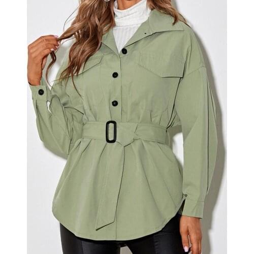 Long Sleeve Shirt Coat Turn-down Collar Belt Flap Pockets Green Autumn Coat Female Outerwear