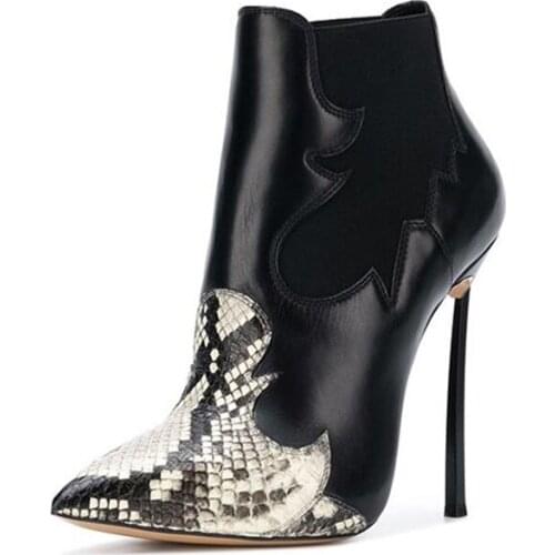 Women Heels Ankle Boots Short Plush Sexy Pointed Toe Snakeskin Patchwork Woman 10 CM or 12 CM Heels Stiletto Shoes