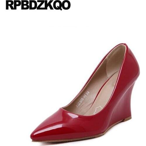 Work Medium Evening Pointed Toe Red Office Shoes Women High Heels Patent Leather 3 Inch Size 4 34 Ladies Wedge 33 Fashion New