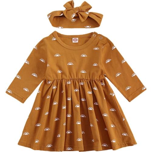 Girls Sun Printing Dress Set Long Sleeve Ruffled Hem Casual Dress with Printed Headband Lovely 2Pcs Suit