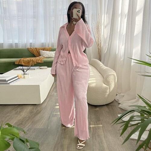 Pink/blue Ribbed Knitted Outfit Home Suit for Women Turn Down Collar Flare Sleeve Blouse and Loose Wide Leg Trouser Co Ord Set