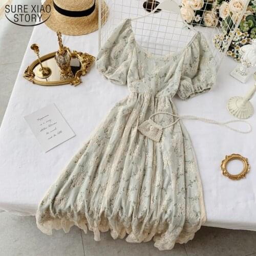 New Elastic Waist Thin Spring Autumn 2021 Bottom Apricot Lace Dress Sweet Stand Collar Lace Ruffled Slim Lady Style Dress 12530