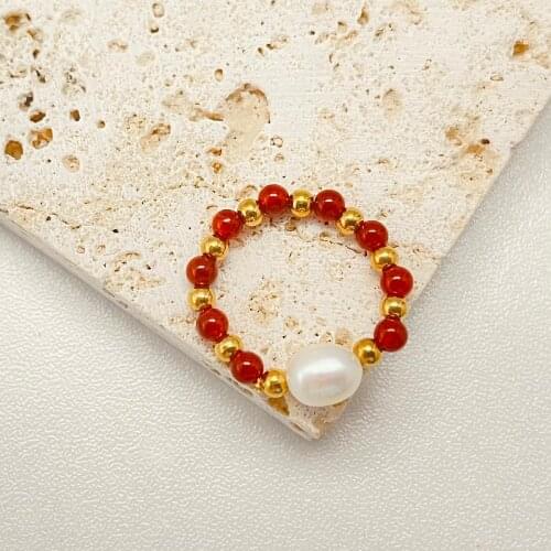 Natural Freshwater Pearl Ring for Women Gold Stainless Steel Bead Rings Lucky Red Agate Garnet Female Transfer Beaded Joint Ring