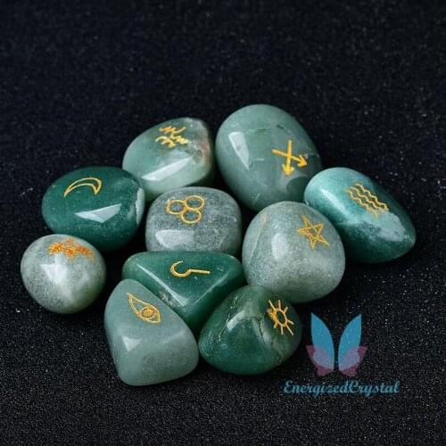 10 Pieces Witch Runes Carved Aventurine Gravel Crytsal Reiki Healing Meditation
