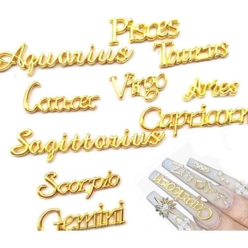 12pcs/set Nail Art Charm 3D Alloy Gold Constellation Letters Shape Crystal Rhinestone Press On Tips Decoration